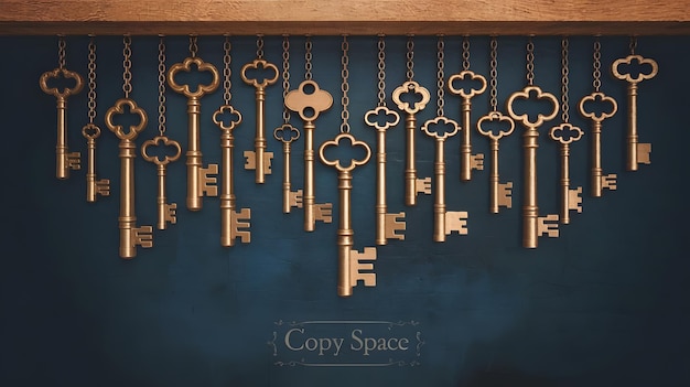 Photo golden keys hanging on wood shelf with blue background and copy space