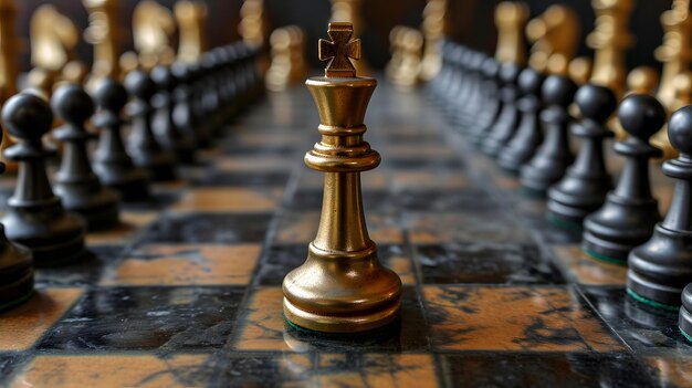 Golden king chess piece standing tall and proud on a chessboard