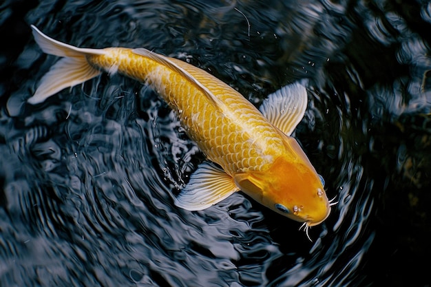 Golden Koi Fish Swimming in Dark Water