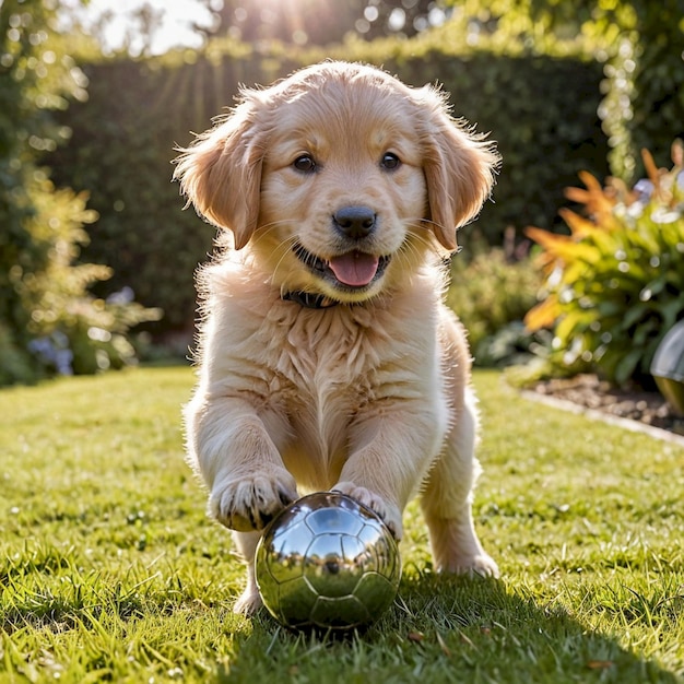 Photo a golden lab puppy is playing with a ball in the grass