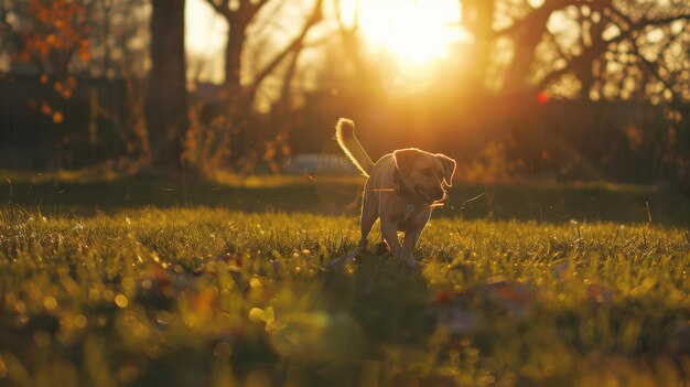 Photo a golden labrador retriever running playfully in a sunlit park with the warm glowing light creating a joyful and lively atmosphere