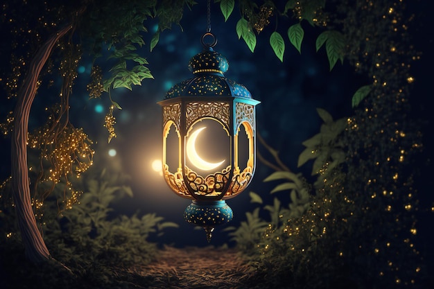 A golden lantern hanging in front of a dark blue night sky, lit by a crescent moon during Ramadan.