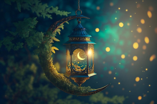 A golden lantern hanging in front of a dark blue night sky, lit by a crescent moon during Ramadan.