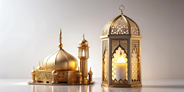 A golden lantern with a mosque on the top of it