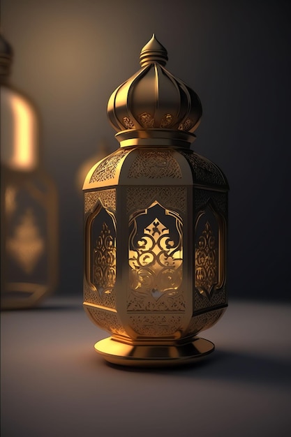 A golden lantern with the word ramadan on it.