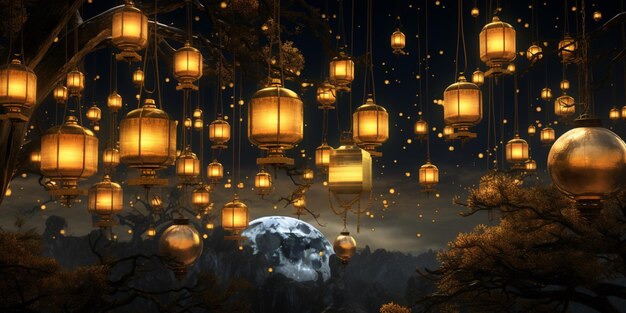 Golden Lanterns Basking in the Glow of a Crescent Moonlight in 32k resolution