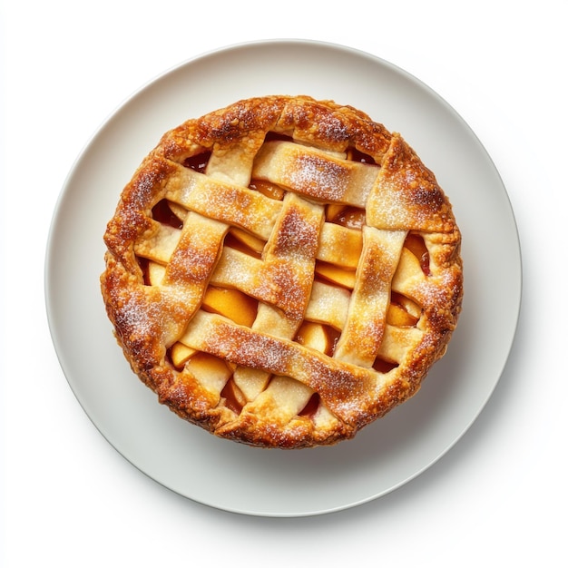 Golden lattice peach pie on a white plate showcasing a homemade dessert