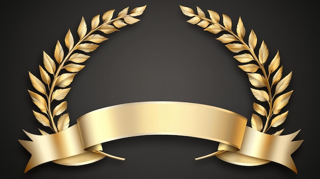 A golden laurel wreath with ribbon on a dark background representing an award medal