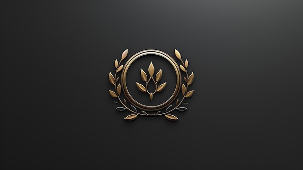 A golden laurel wreath with a stylized leaf design in the center on a black background