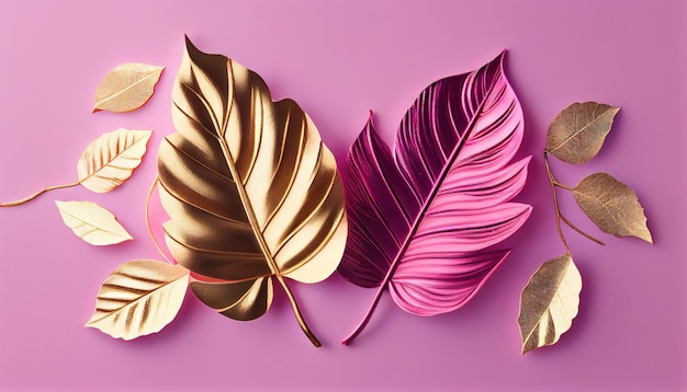 Golden leaf decoration design background Vintage gold luxury minimal concept top view and flat lay