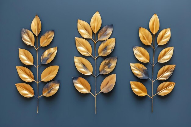 Photo golden leaves arranged in a creative display against a dark blue background