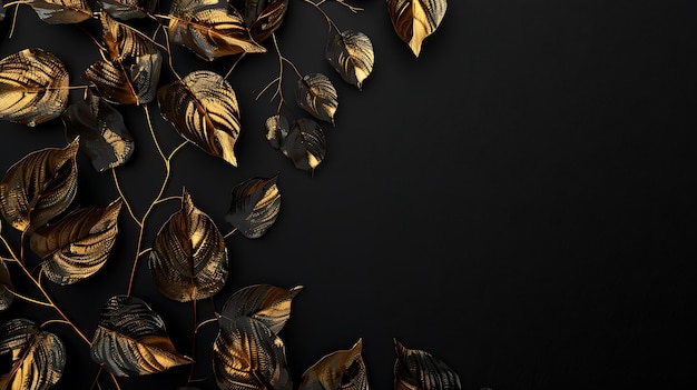 Golden Leaves on Black Background with Copy Space