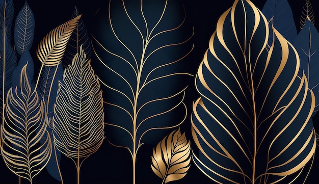 Golden leaves botanical modern art deco wallpaper Generative AI