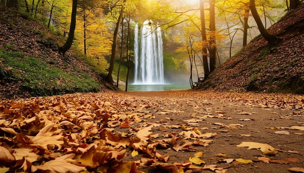 Photo golden leaves covering a path leading to a majestic waterfall in an autumnal forest