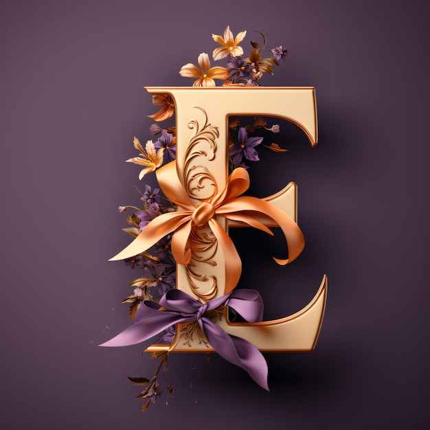 Golden letter E decorated with purple flowers and bow 3d rendering