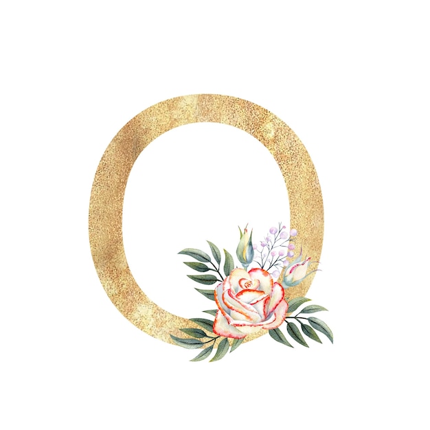 Golden letter O of the English alphabet with a bouquet of pink roses on a white isolated background Handdrawn watercolor illustration