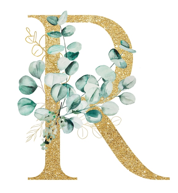 Golden letter R decorated with green Watercolor eucalyptus branches isolated on white Sparkling alphabet letters with green leaves and flowers Botanical element for wedding and holiday stationery