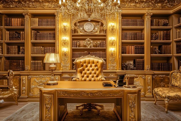 Photo golden library with ornate desk and chair