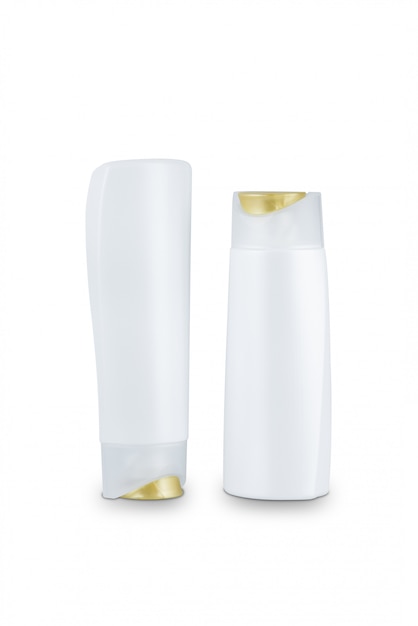 Golden lid, white body plastic bottle cosmetic hygiene shampoo, conditioner with body moisturising isolated