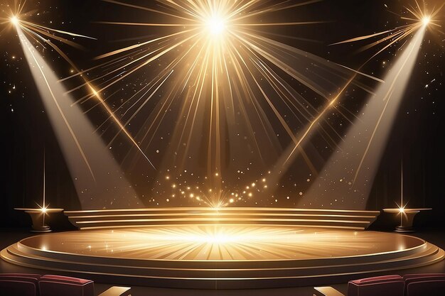 Golden light award stage with rays and sparks