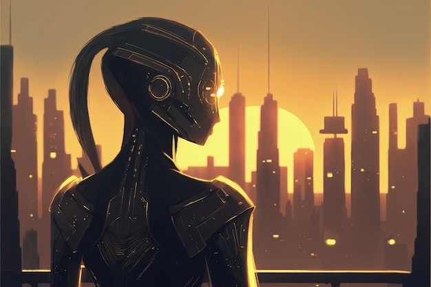 Golden light background silhouette of a futuristic female robot Fantasy concept Illustration painting Generative AI