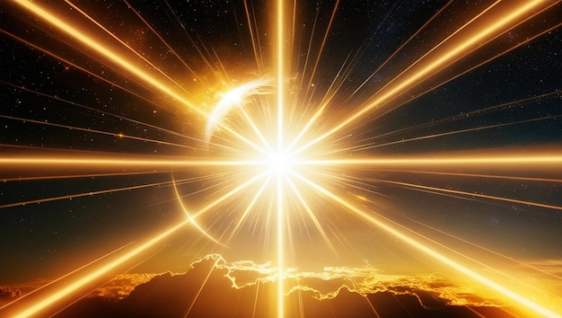 Golden Light Burst with Radiant Beams and Shimmering Stars