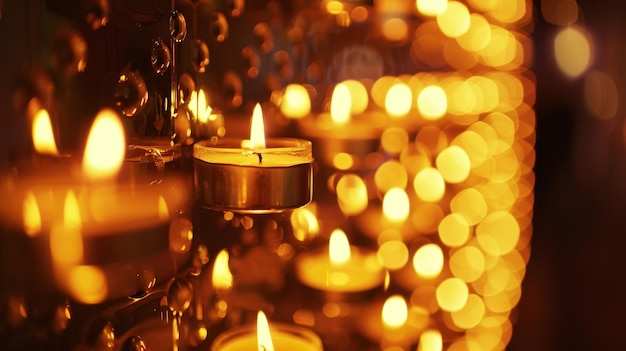 Golden light emanates from the wall of votive candles creating a cozy and inviting nook in the