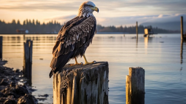 Golden Light Majestic Eagle Perched On Old Pier