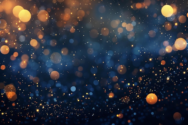 Golden light shine particles bokeh on navy blue with gold foil texture holiday concept