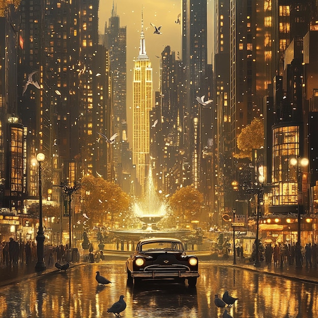 Photo golden lights and vintage cars a surreal cityscape at dusk