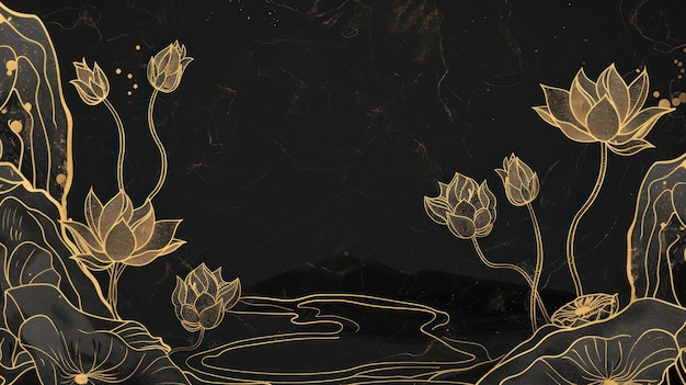 golden line in the shape of a lotus on a dark background wallpaper