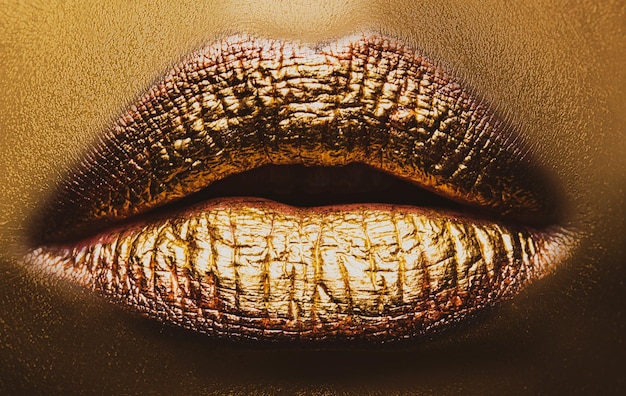 Golden lips makeup Make up lip ideas Colorful bright lipstick gold art concept