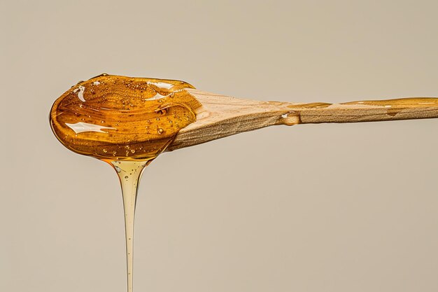 Photo golden liquid dripping from a wooden spoon