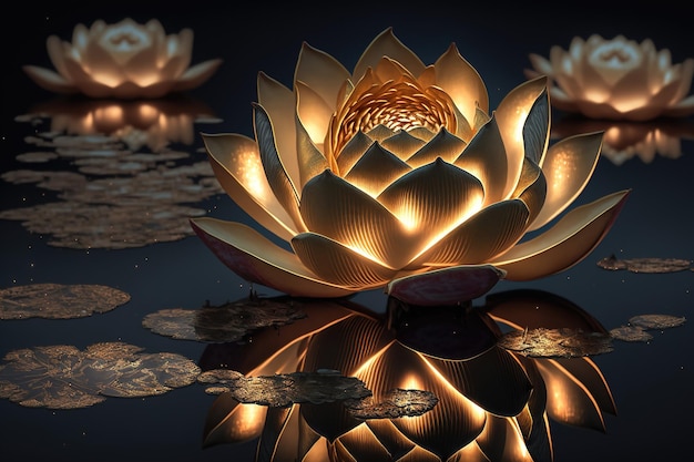 Golden lotus rose blooms at night in the water in the swamp Fantasy magic flower yellow light from inside the reflection of the lotus in the water 3d illustration