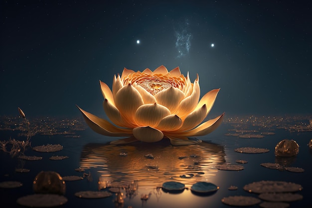 Golden lotus rose blooms at night in the water in the swamp Fantasy magic flower yellow light from inside the reflection of the lotus in the water 3d illustration