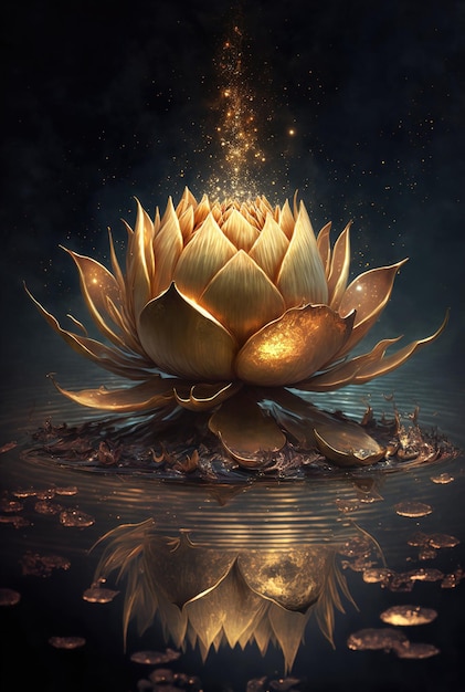 Golden lotus rose blooms at night in the water in the swamp Fantasy magic flower yellow light from inside the reflection of the lotus in the water 3d illustration