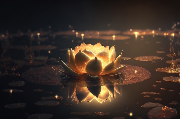 Golden lotus rose blooms at night in the water in the swamp Fantasy magic flower yellow light from inside the reflection of the lotus in the water