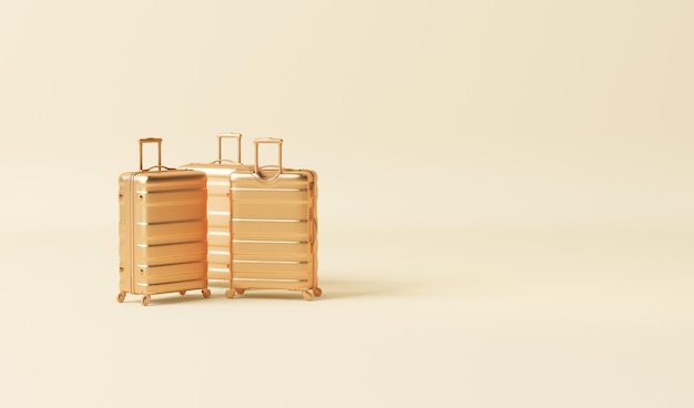 Golden luggage bag cabin baggage on cream background traveling summer 3d render