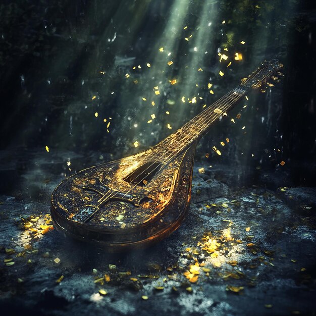 Photo a golden lute lies on the forest floor bathed in sunlight and surrounded by shimmering dust