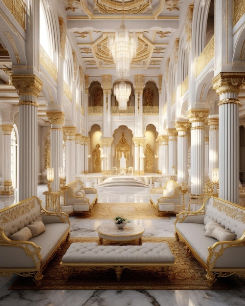 A golden luxury palace with white marble and furnishings inside Generative AI