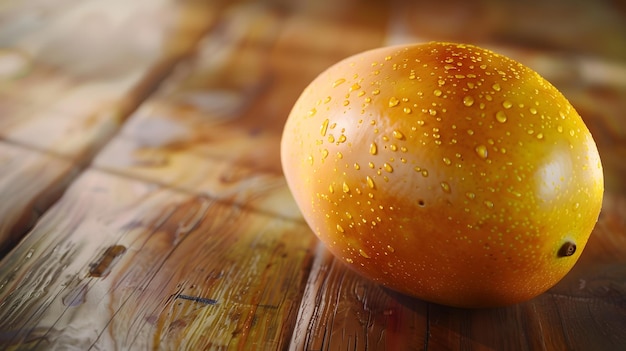 a golden mango sits on a wooden table