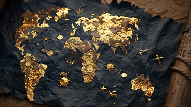 Golden map of the world on dark textured paper