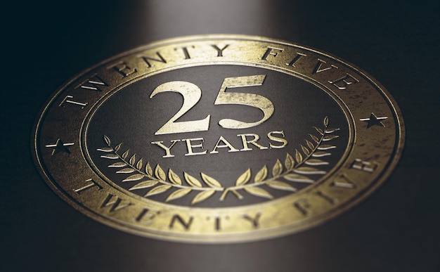 Photo golden marking over black background with the text 25 years. concept for a 25th anniversary celebration announcement. 3d illustration.