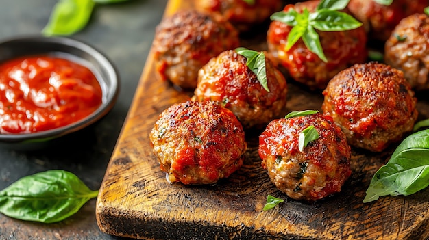 Golden meatballs on rustic board with marinara and basil