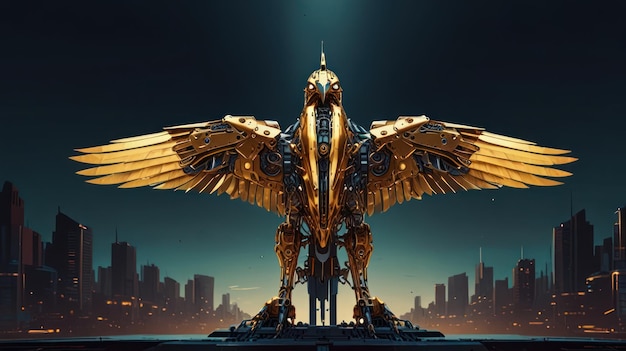 Photo golden mechanical bird in futuristic city