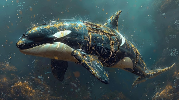 Golden Mechanical Orca in the Deep