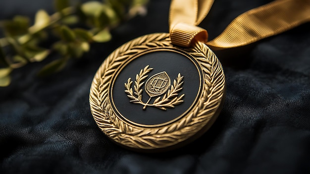 Golden Medallion with Laurel Wreath Design on Black Velvet