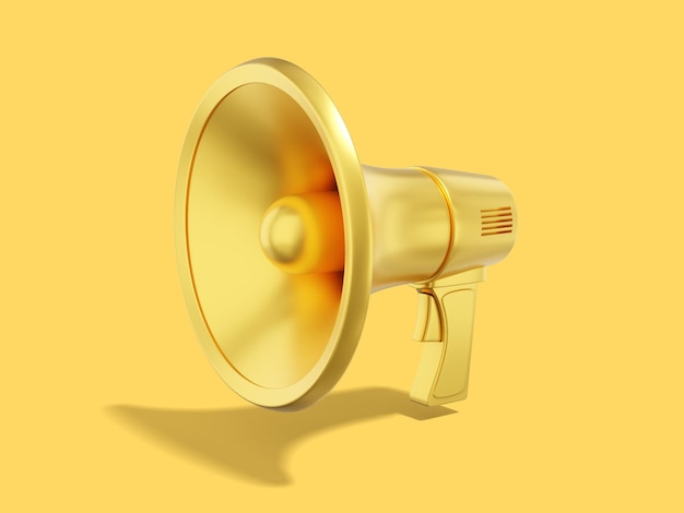 Golden megaphone on yellow background Sound amplification device 3d rendering