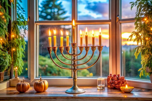 Photo a golden menorah is on a windowsill with a window behind it