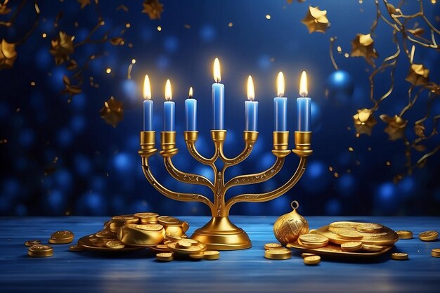 a golden menorah with gold decorations and a blue background with the words  the word  on it